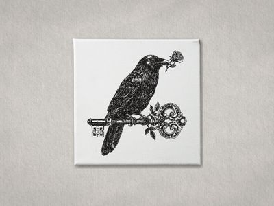 Black embroidered crow perched on a vintage key with a rose, on white gallery-wrapped canvas. Minimalist grey background.