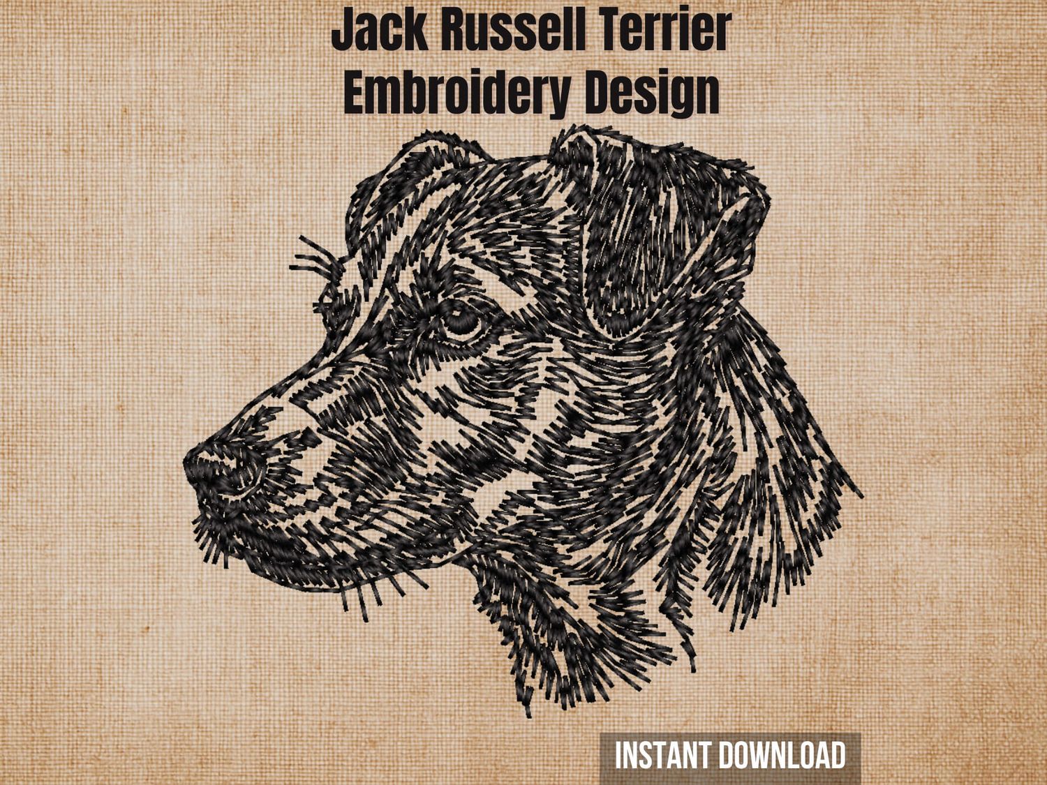 Cover graphic with a textured burlap background highlighting the Jack Russell Terrier embroidery design.