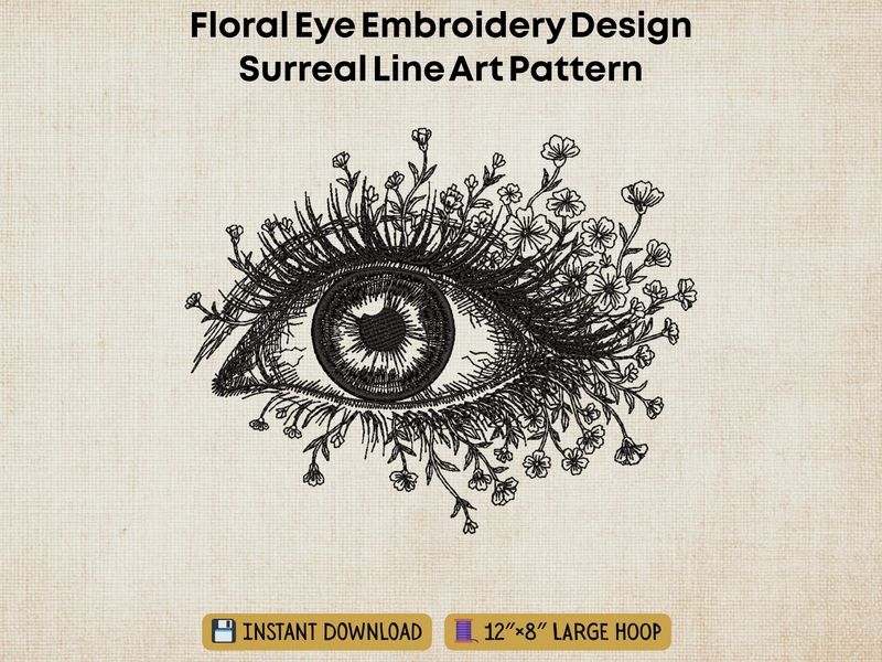 Line embroidery of a detailed eye with floral lashes and intricate texture, blending realism and fantasy on a light fabric.