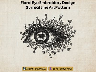 Line embroidery of a detailed eye with floral lashes and intricate texture, blending realism and fantasy on a light fabric.