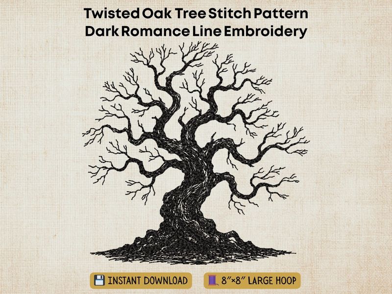 Black line-art embroidery of a gnarled, twisted oak tree with bare branches and deep bark textures on beige background.