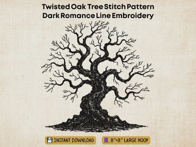 Black line-art embroidery of a gnarled, twisted oak tree with bare branches and deep bark textures on beige background.
