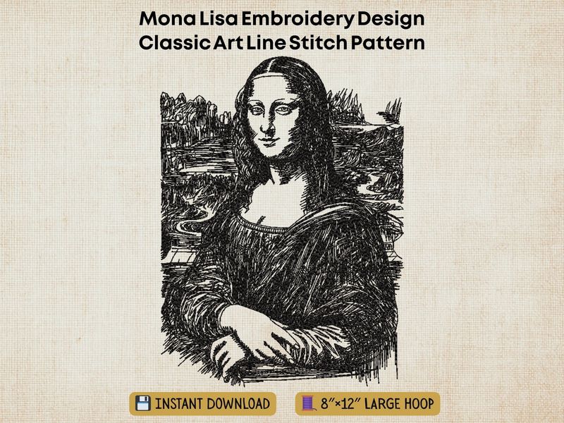 Black line-art embroidery of the Mona Lisa portrait, featured on a textured beige background with header text.