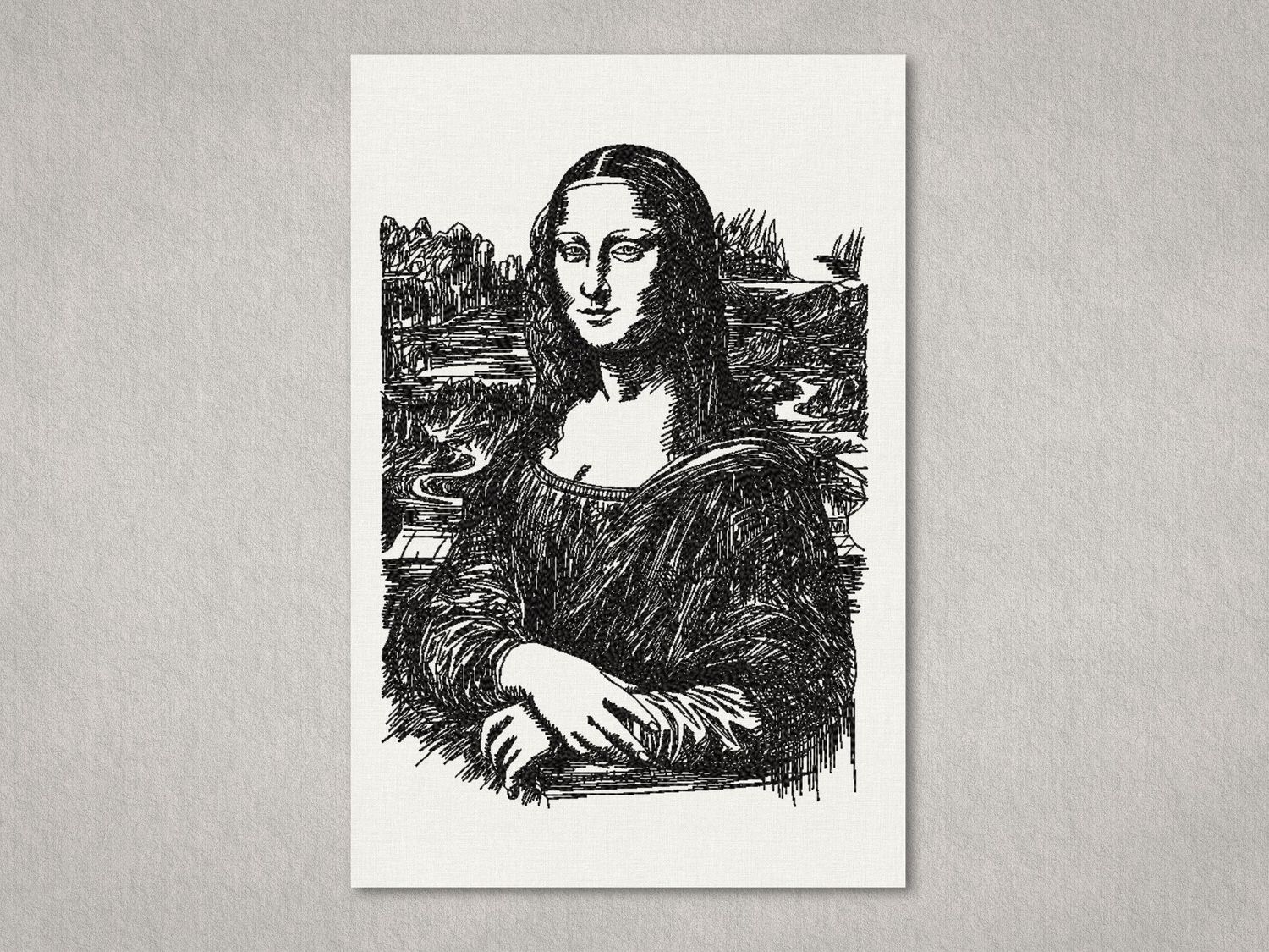 Black machine embroidery of a Mona Lisa artistic sketch on a white stretched canvas frame.
