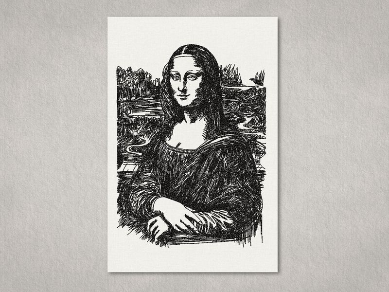 Black machine embroidery of a Mona Lisa artistic sketch on a white stretched canvas frame.