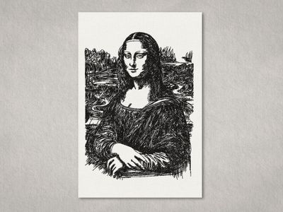 Black machine embroidery of a Mona Lisa artistic sketch on a white stretched canvas frame.