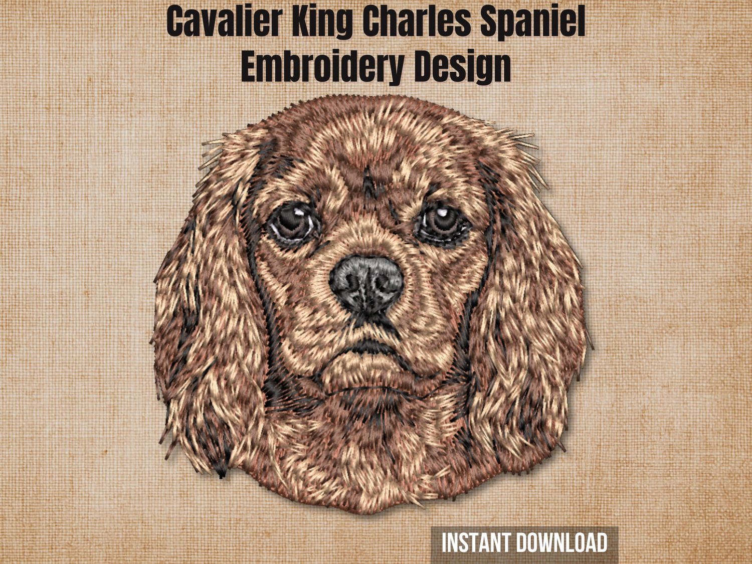 Cavalier King Charles Spaniel embroidery design preview card on beige with instant download.