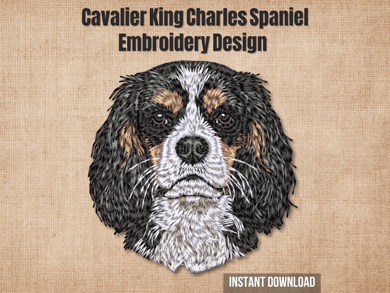 Detailed embroidery of a Tricolor Cavalier King Charles Spaniel head with black, tan, and white fur stitched on light fabric.