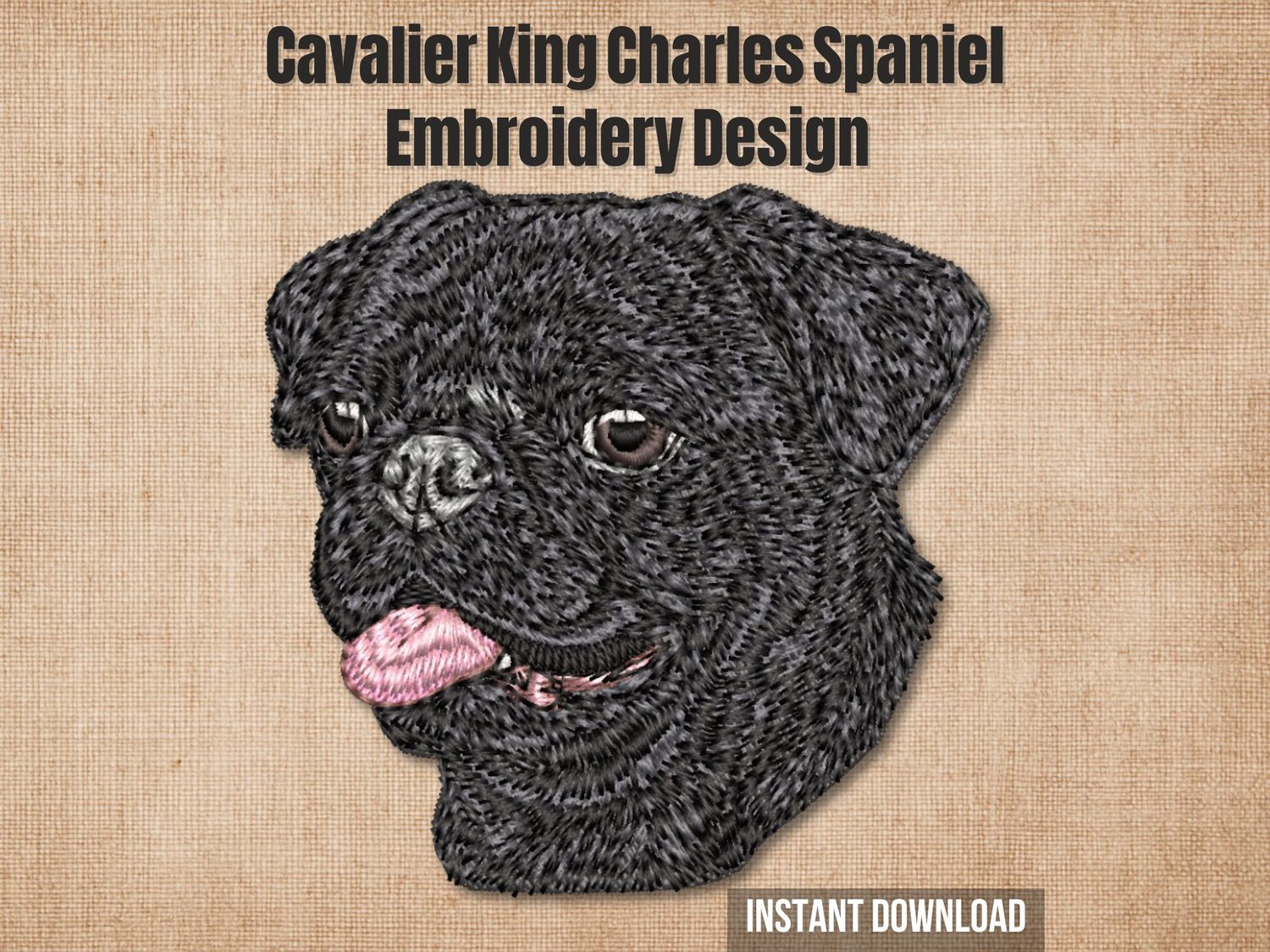Detailed embroidery of a Black Pug dog head with pink tongue, stitched on light fabric with realistic texture and shading.
