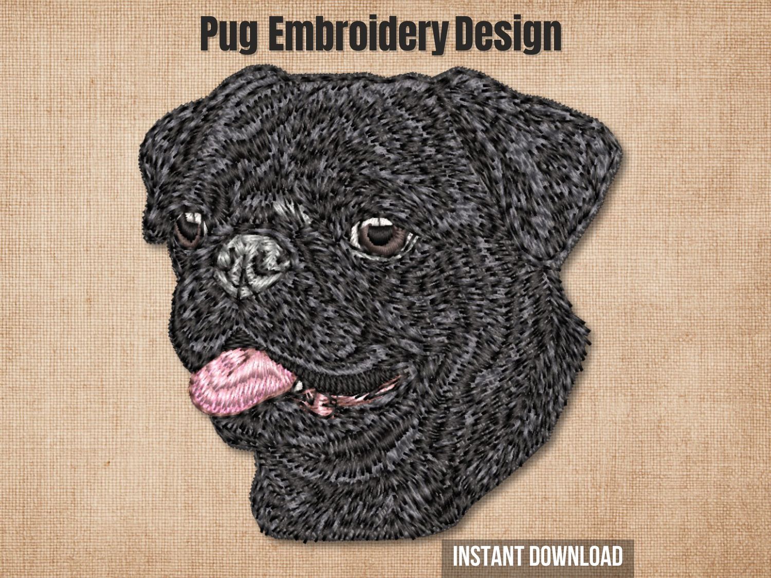 Detailed embroidery of a Black Pug dog head with pink tongue, stitched on light fabric with realistic texture and shading.