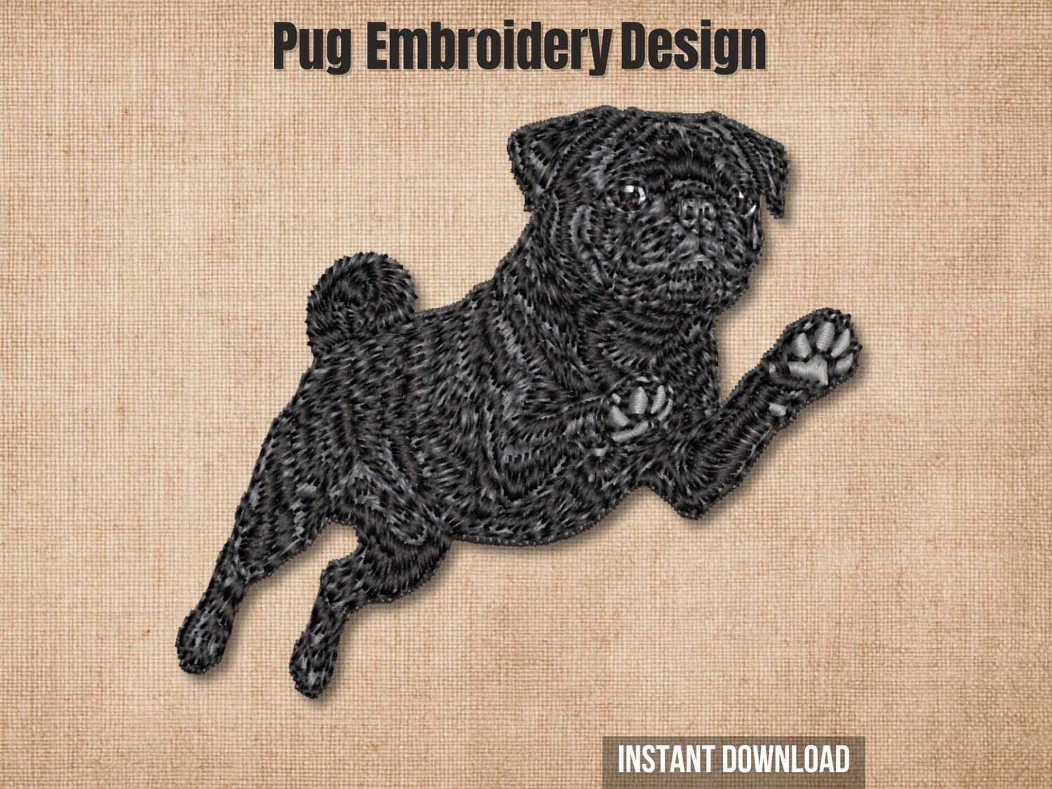 Black Pug dog leaping with paw pads &amp; curled tail, stitched on light fabric with texture.