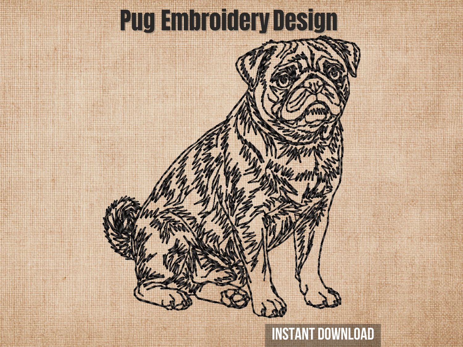 old outline embroidery of a Pug dog sitting with wrinkled face and curled tail, stitched in black thread on light fabric.