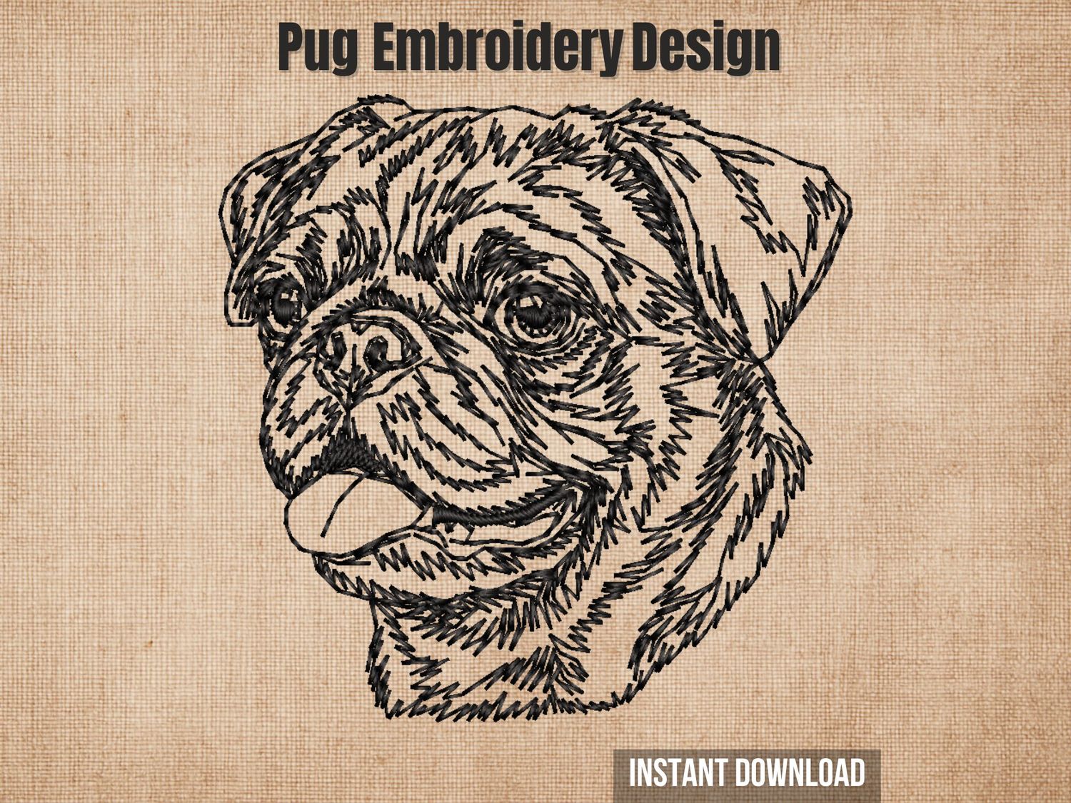 Bold outline embroidery of a Pug dog head with tongue out and wrinkled face, stitched in black thread on light fabric.
