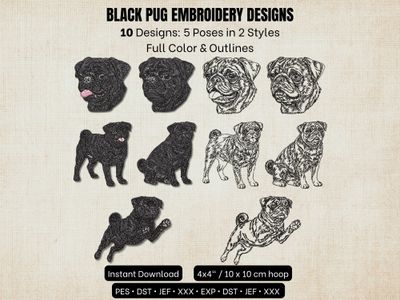 Black Pug embroidery designs: 10 poses in full color and outlines for 4x4 hoops. Includes PES, DST, JEF, and more formats.