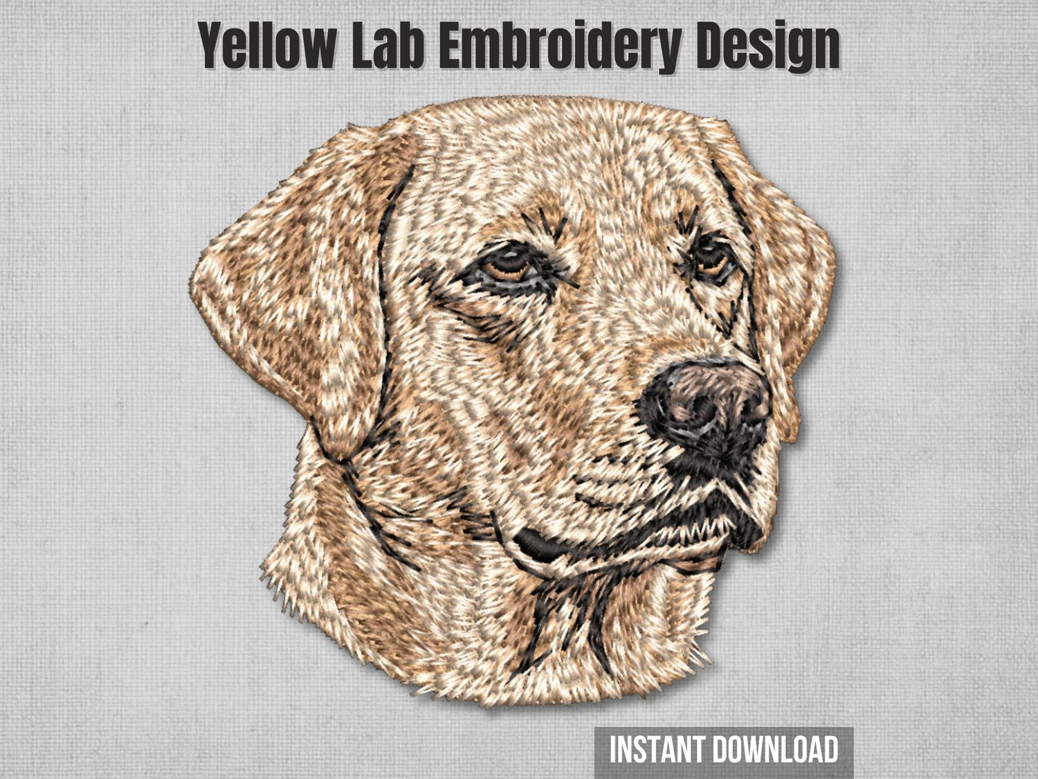 Detailed embroidery of a Yellow Labrador face with warm eyes and gentle expression, stitched on light fabric.