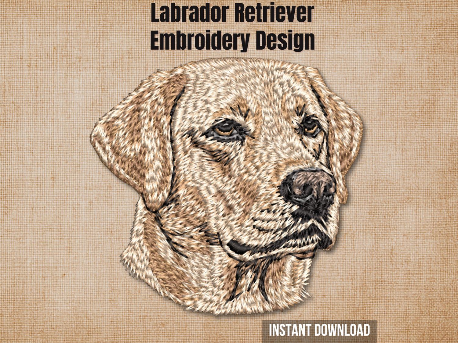 Yellow Labrador Retriever embroidery design preview card on a beige background with instant download.