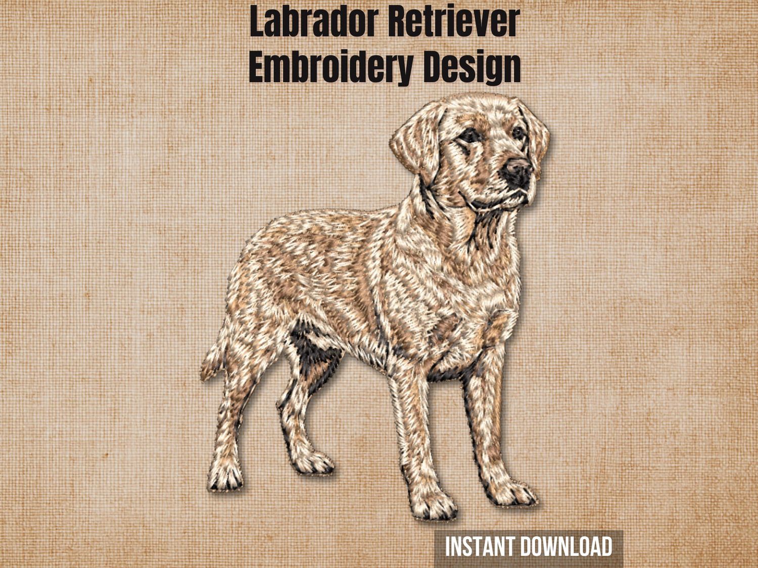 Yellow Labrador Retriever standing embroidery design preview card on beige with instant download.