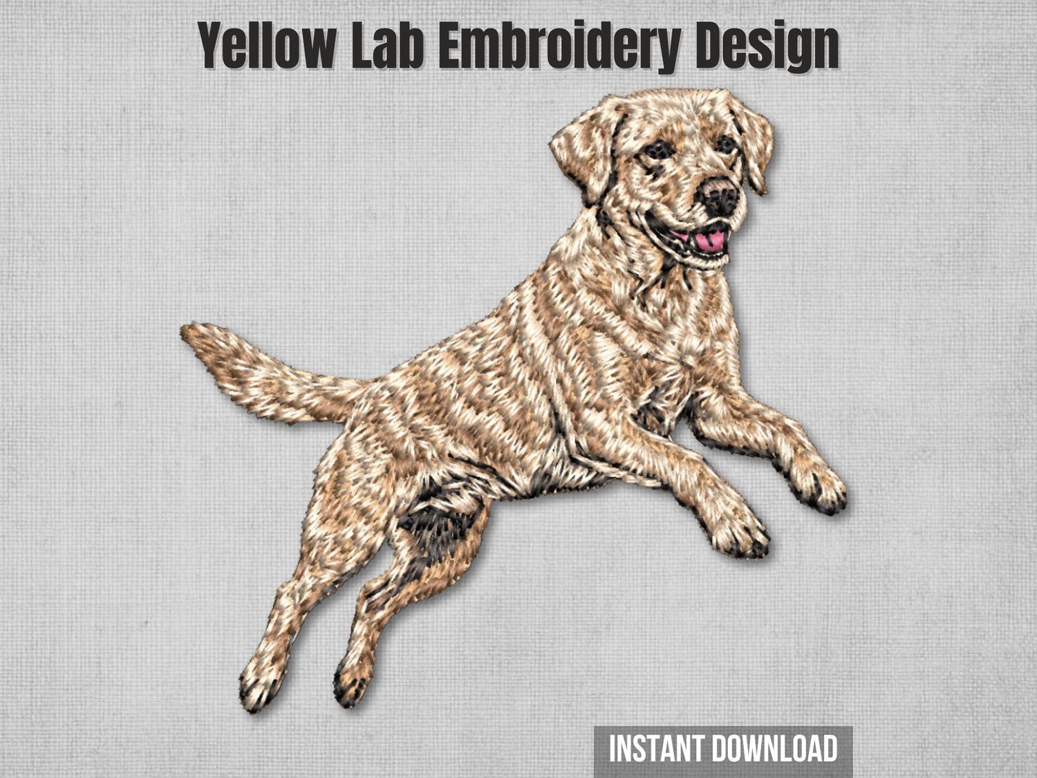Detailed embroidery of Yellow Labrador dog jumping with pink tongue and joyful expression, stitched on light fabric.