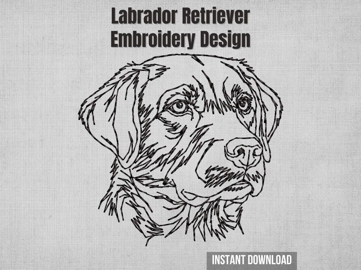 Bold outline embroidery of a Labrador dog head with expressive eyes and detailed features, stitched in black thread.