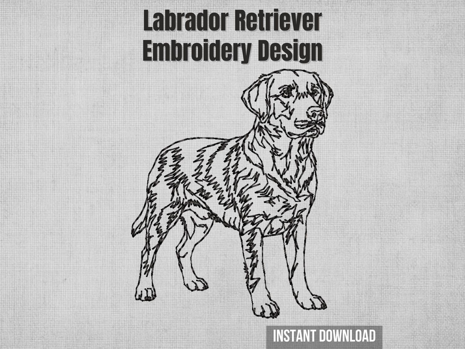 Bold outline embroidery of Labrador dog standing with athletic build and confident posture, stitched in black thread.