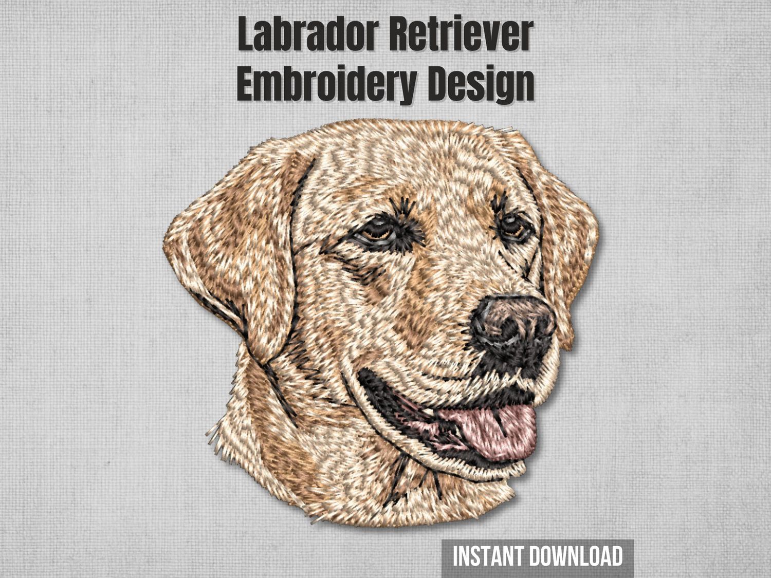 Detailed embroidery of Yellow Labrador head with pink tongue out and warm eyes, stitched on light fabric.