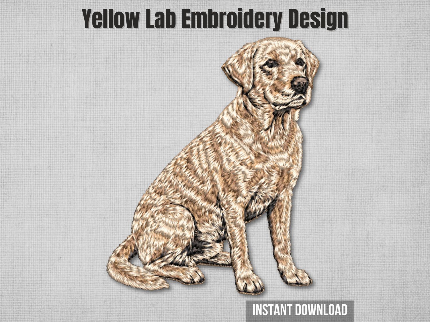 Detailed embroidery of Yellow Labrador dog sitting with warm eyes and gentle expression, stitched on light fabric.