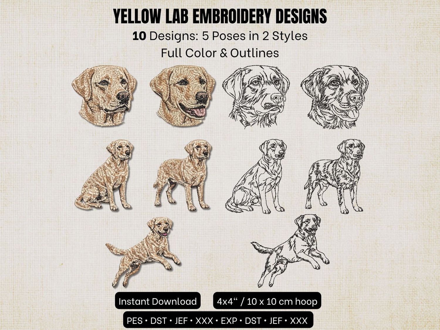 Yellow Labrador Retriever photorealistic embroidery design for 4x4 hoop.