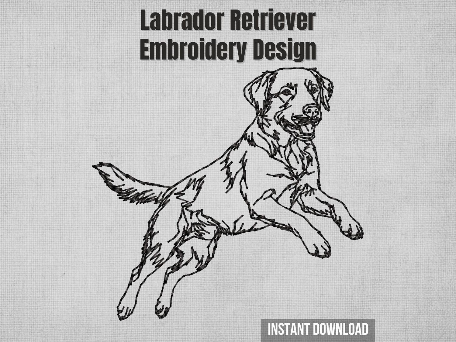 Bold outline embroidery of Labrador dog jumping with joyful expression and extended legs, stitched in black thread.