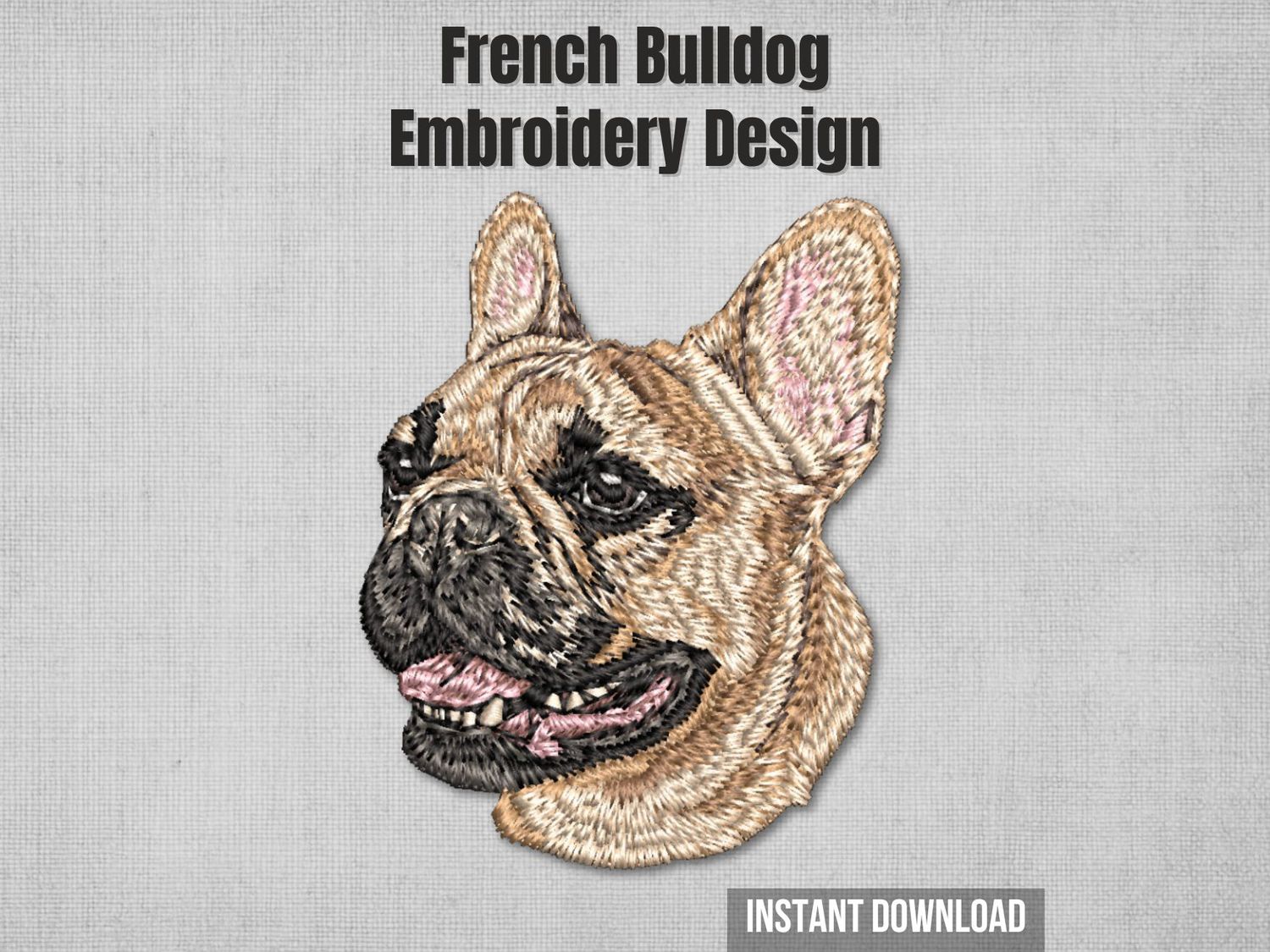 Fawn French Bulldog head embroidery design with black muzzle, upright ears, and realistic stitched fur texture.