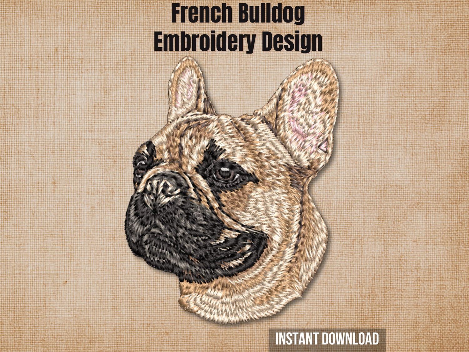 Textured natural burlap background highlighting the French Bulldog embroidery design with an instant download badge