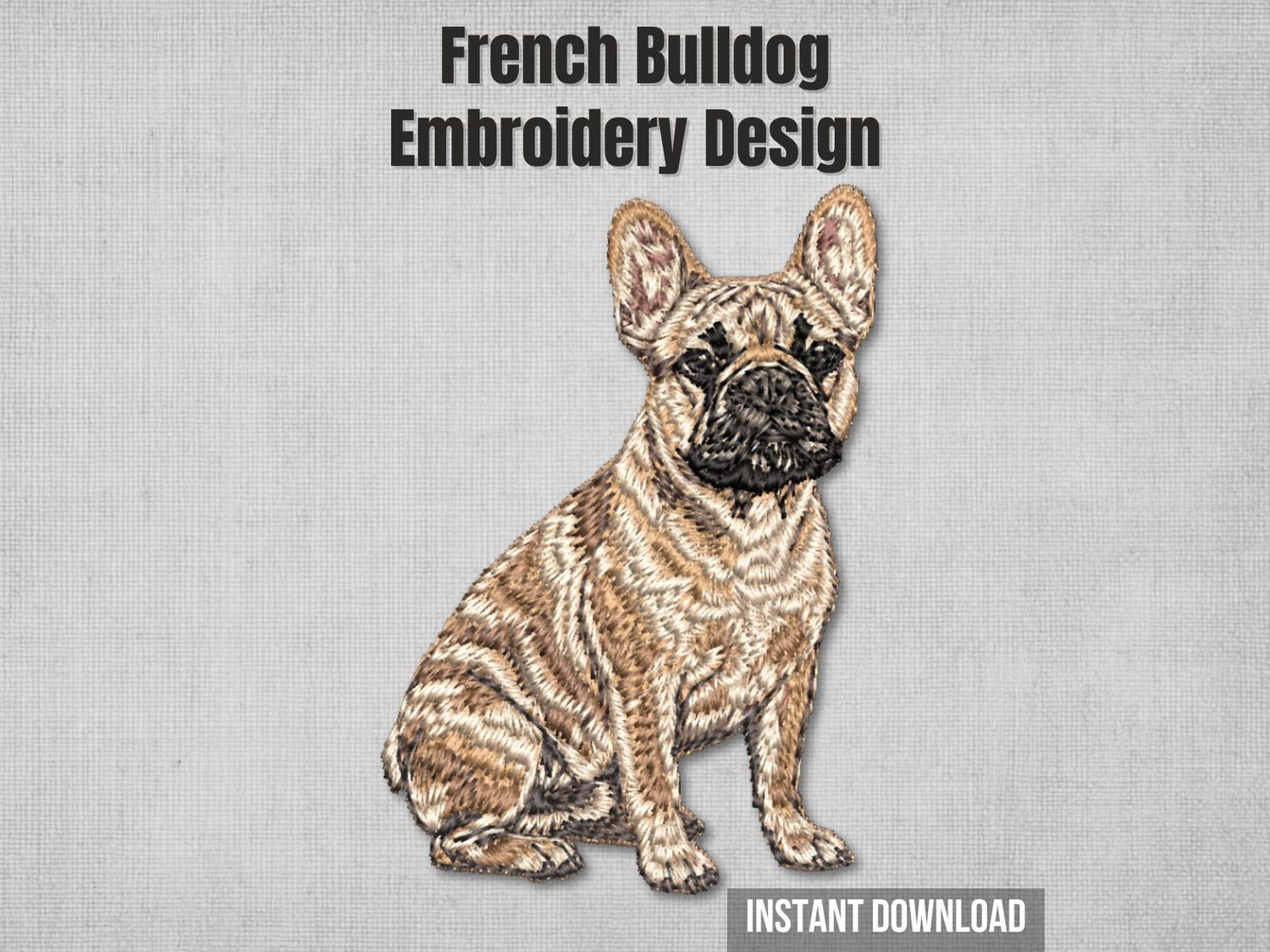 Realistic fawn French Bulldog full body sitting embroidery design with upright ears and dark muzzle.