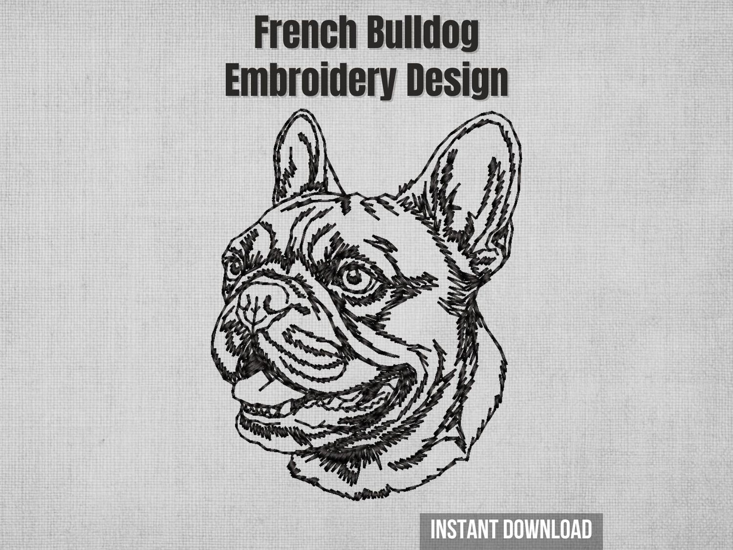 Black single-color French Bulldog head machine embroidery design with detailed linework stitching and upright ears.