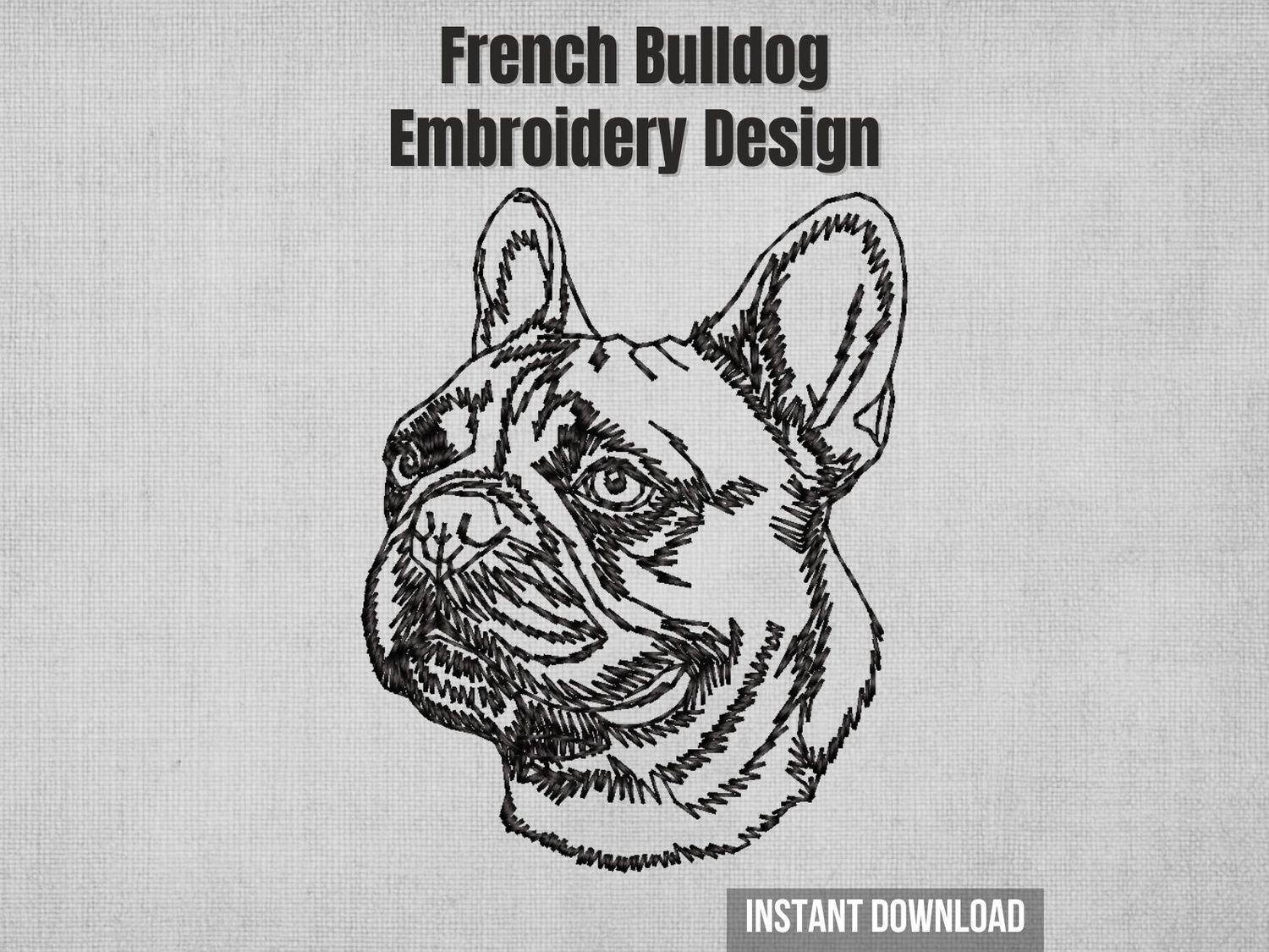 Dark sketch-style French Bulldog head machine embroidery design with textured line stitching and upright ears.