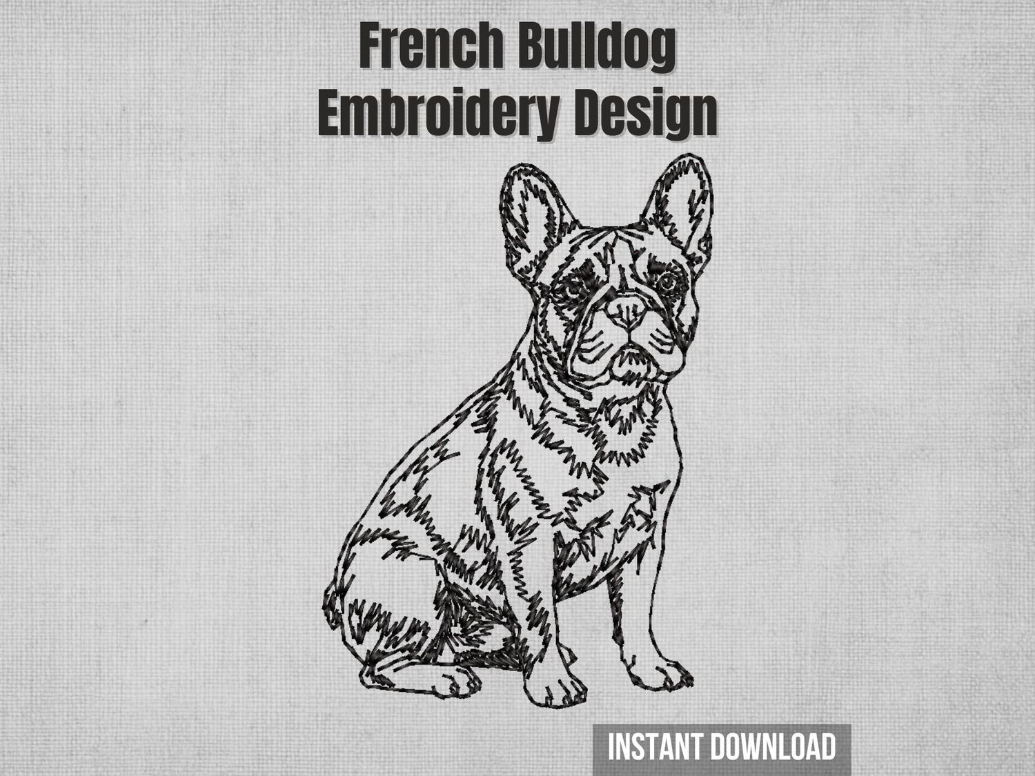 Single-color blackwork French Bulldog sitting full body machine embroidery design with sketch-style stitching.