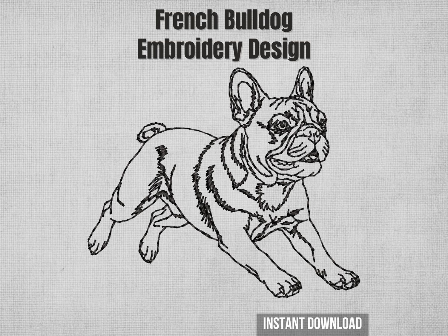 Single-color blackwork French Bulldog running machine embroidery design with sketch-style stitching, instant download file.