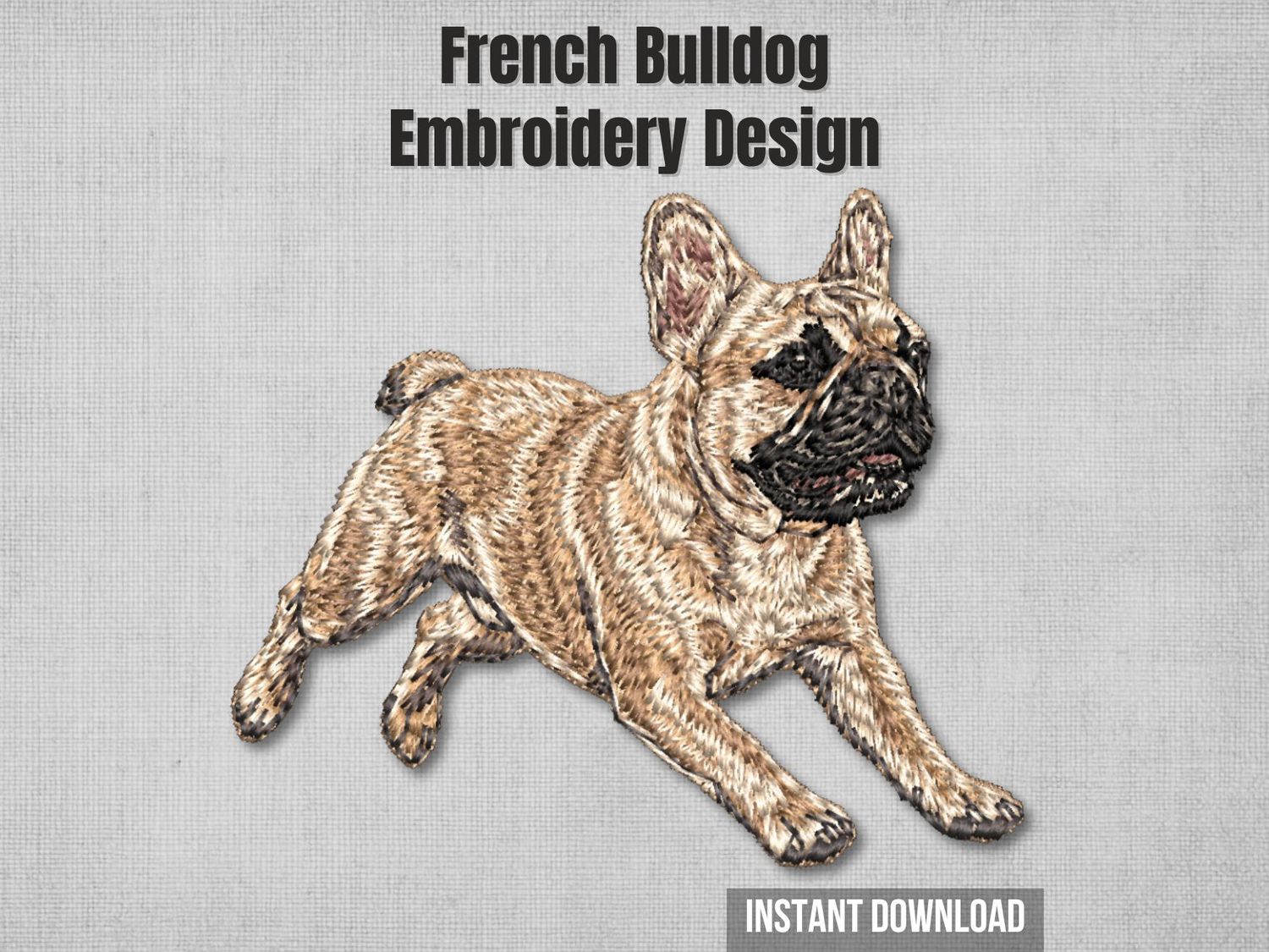 Fawn French Bulldog running machine embroidery design, realistic action pose stitch file with upright ears and dark muzzle.