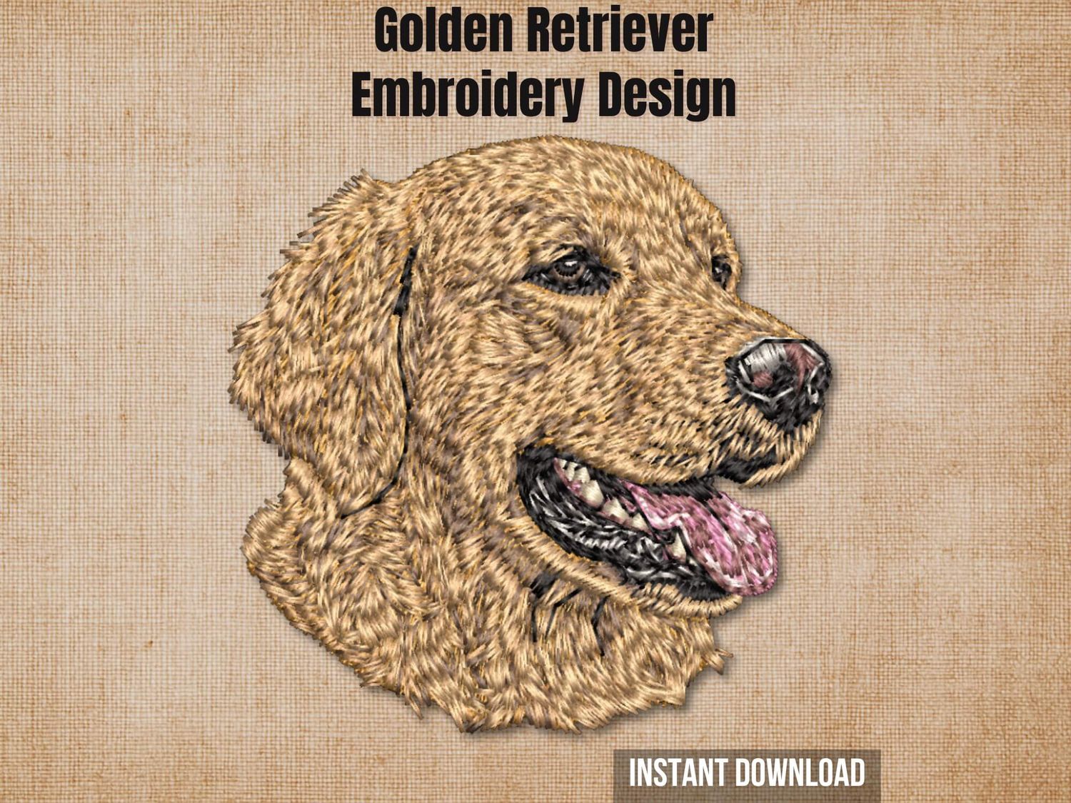 Golden Retriever embroidery design preview card on a beige background with instant download text.