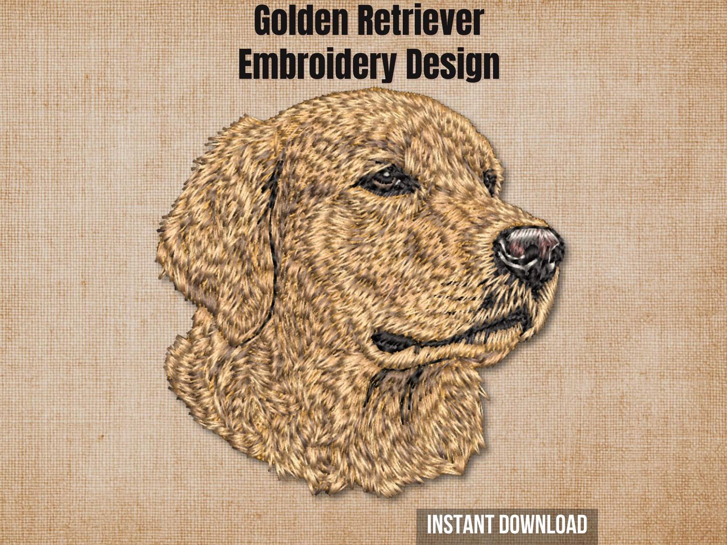 Cover graphic with a textured burlap background highlighting the Golden Retriever embroidery design.