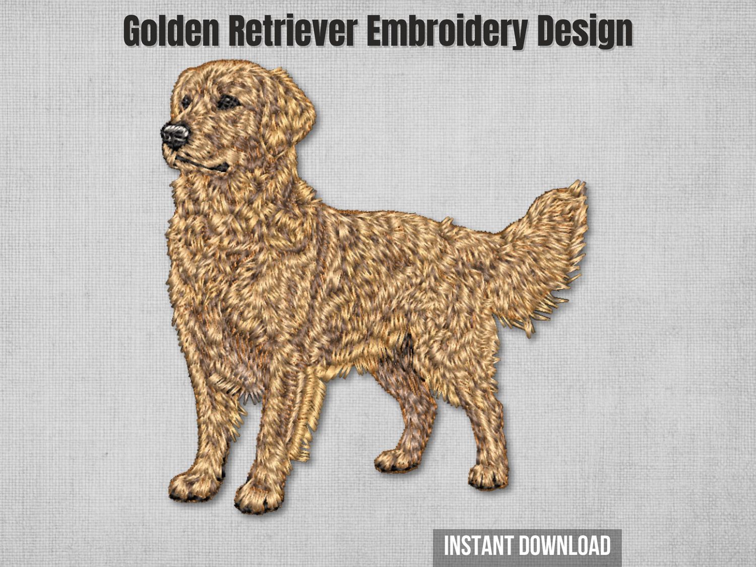 Golden Retriever standing embroidery design - full body dog portrait with detailed fur texture for machine embroidery files