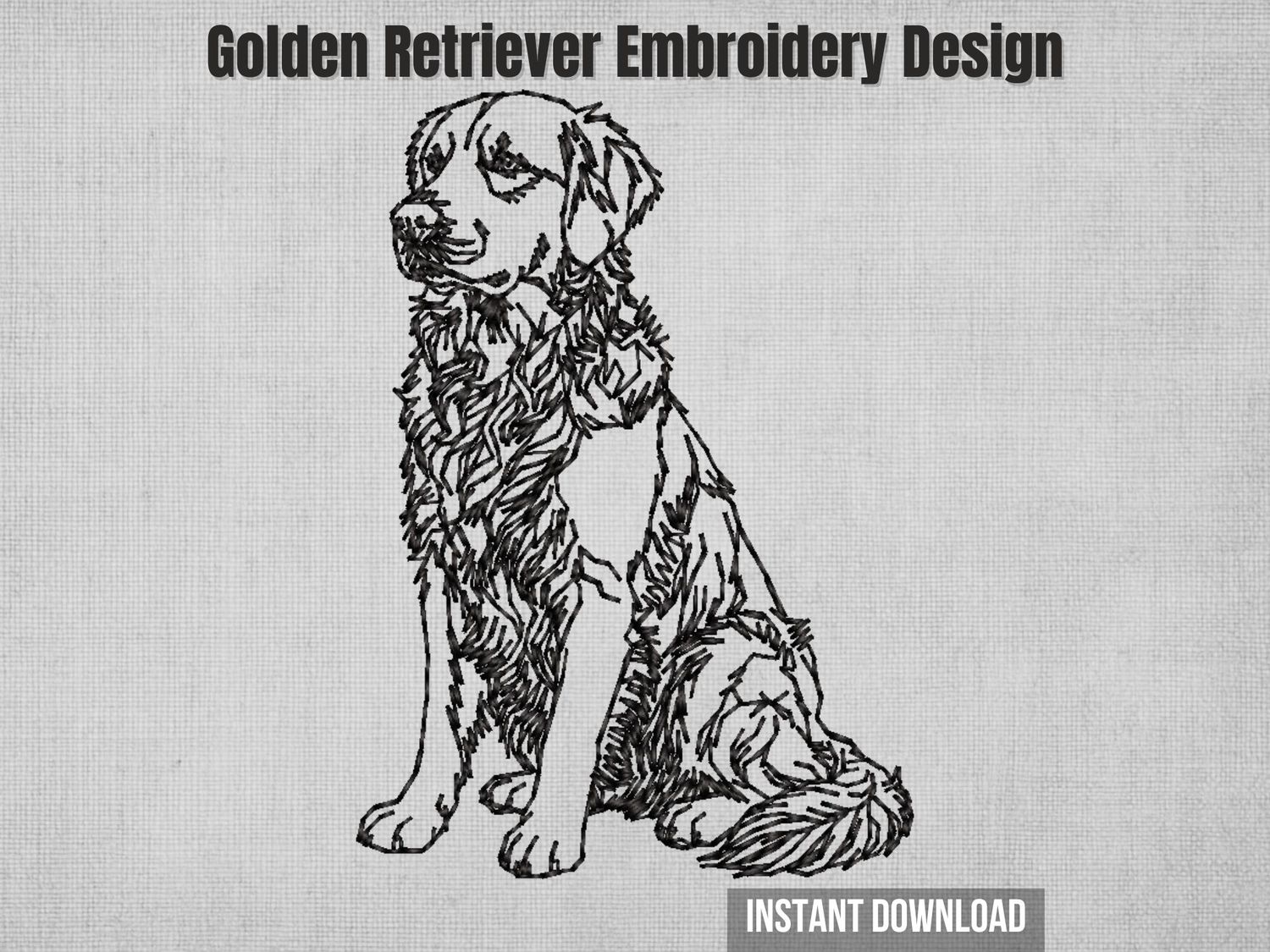Golden Retriever sitting sketch embroidery design - full body line art dog portrait with detailed fur for machine embroidery