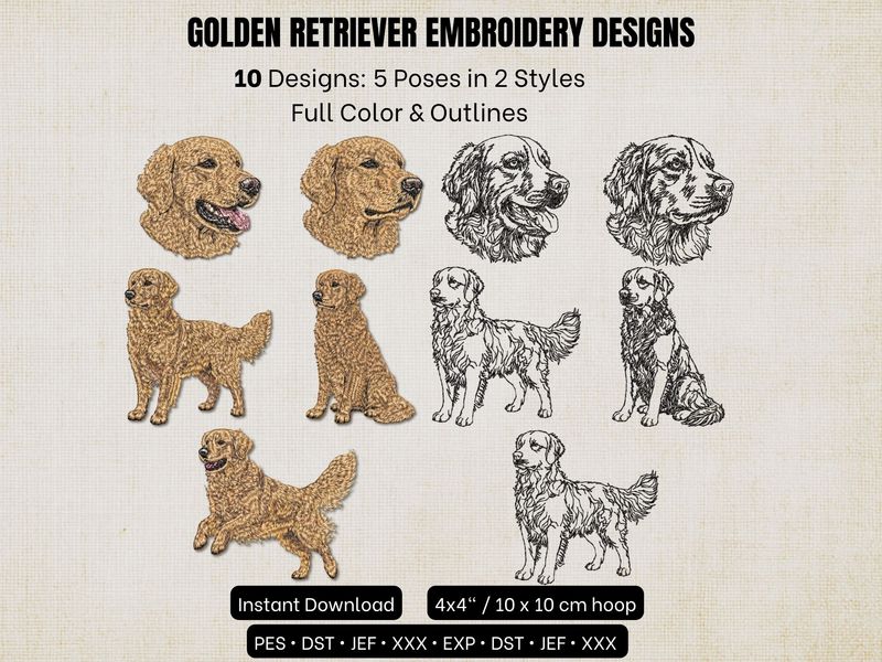 10 Golden Retriever embroidery designs. 5 poses in photorealistic color &amp; minimalist outline styles for 4x4 hoops.