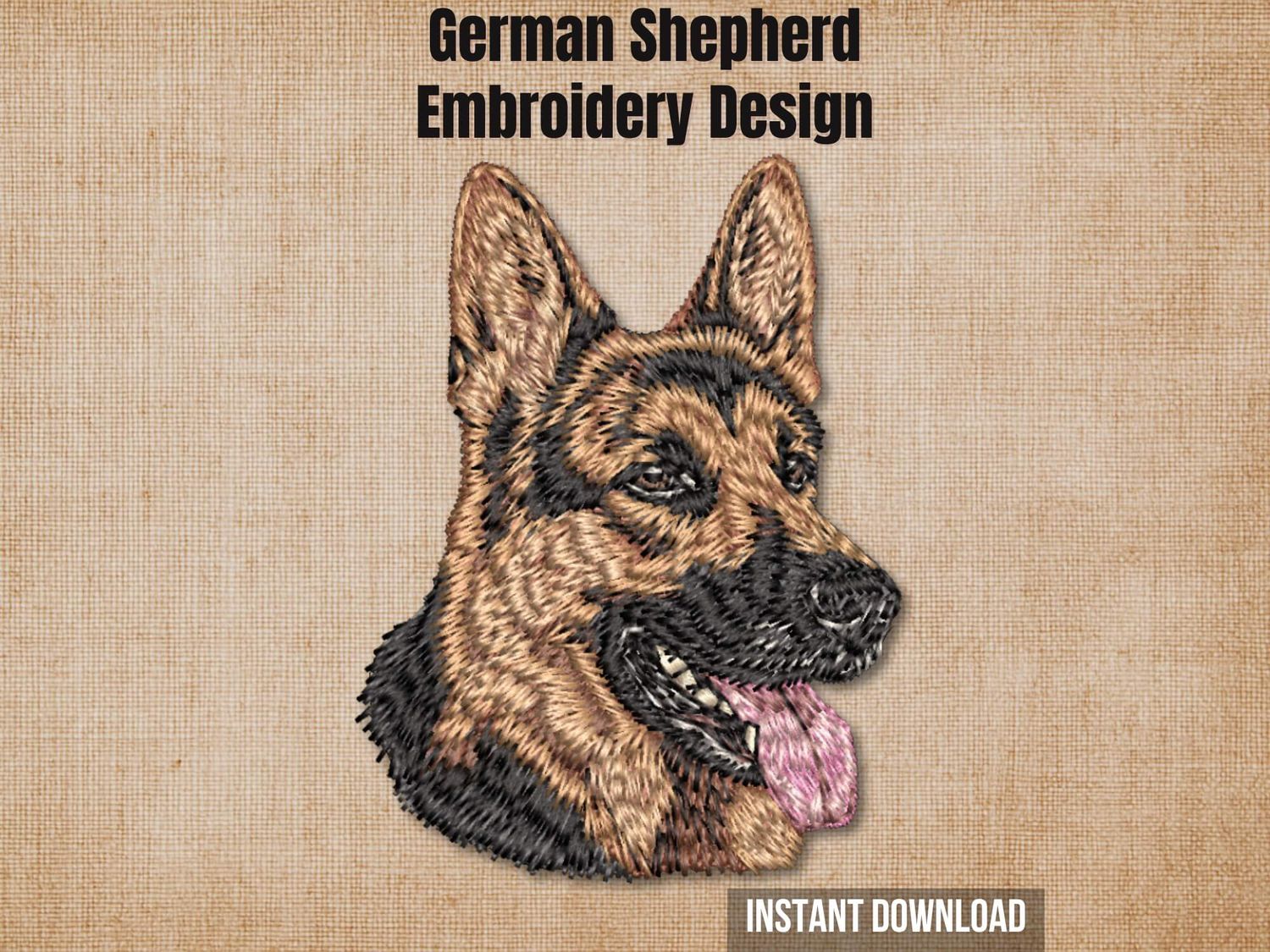 German Shepherd embroidery design preview card with its tongue out on a beige background.