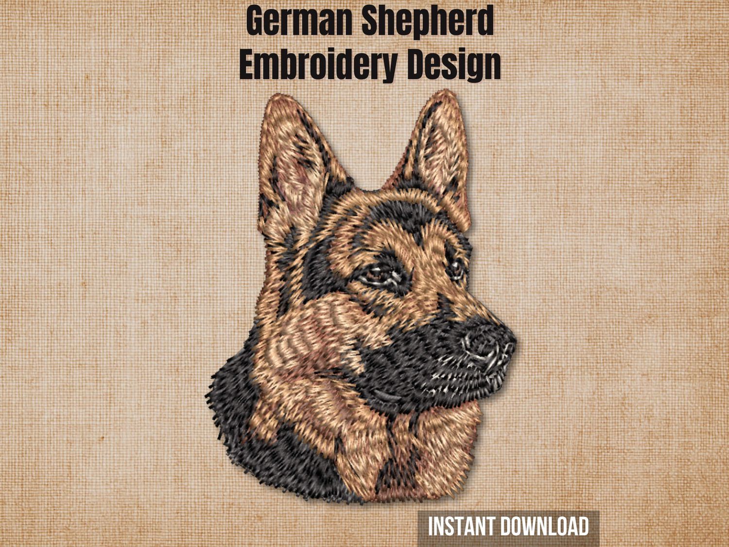 German Shepherd embroidery design preview card on a beige background with instant download text.