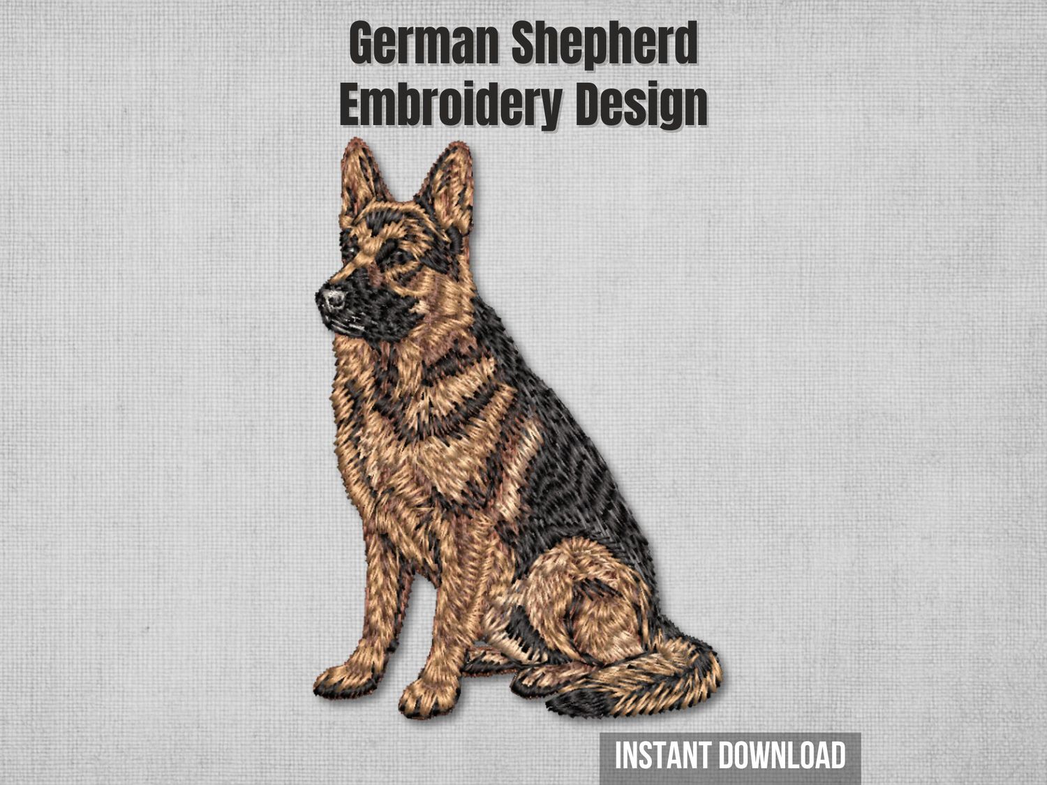 Realistic full-body sitting German Shepherd machine embroidery design with detailed fur texture and multi-color stitching.