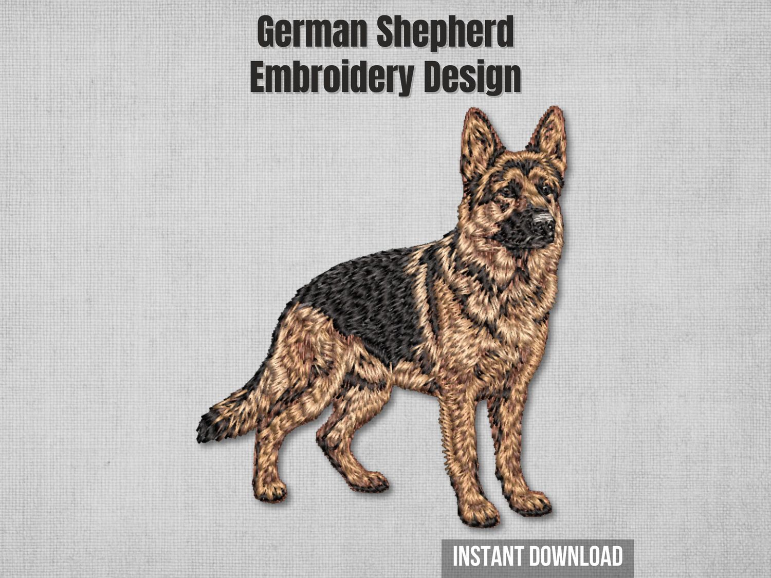 Realistic full-body standing German Shepherd machine embroidery design with detailed fur texture and multi-color stitching.