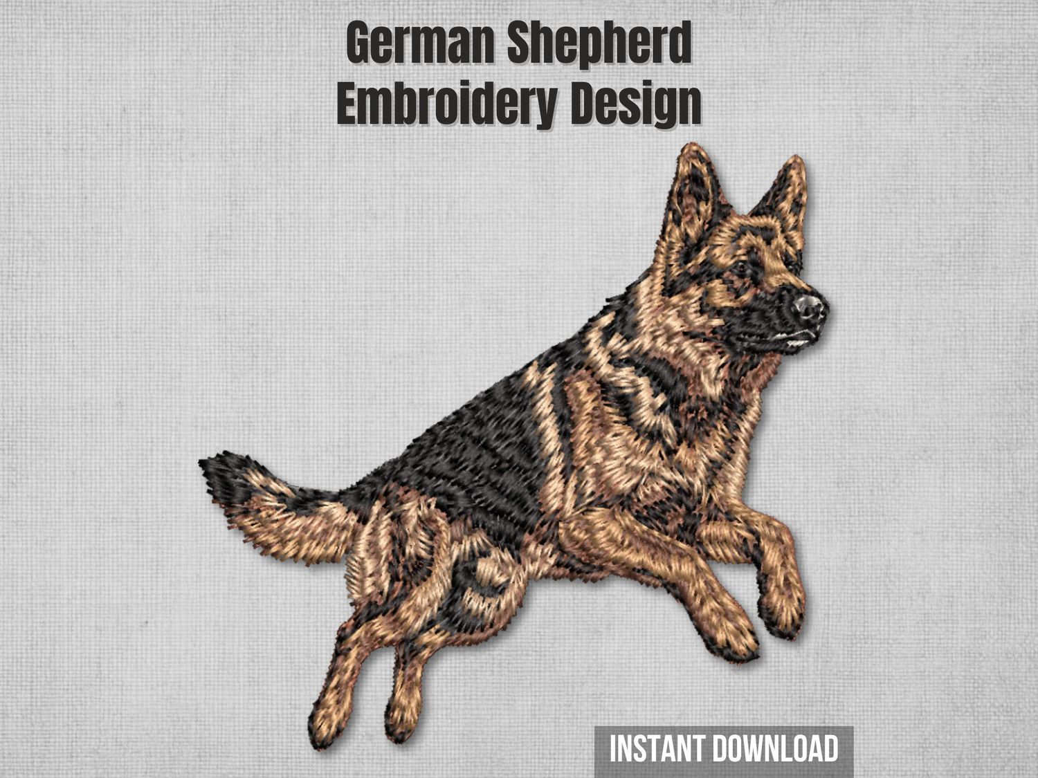 Realistic full-body jumping German Shepherd machine embroidery design with detailed fur texture and multi-color stitching.