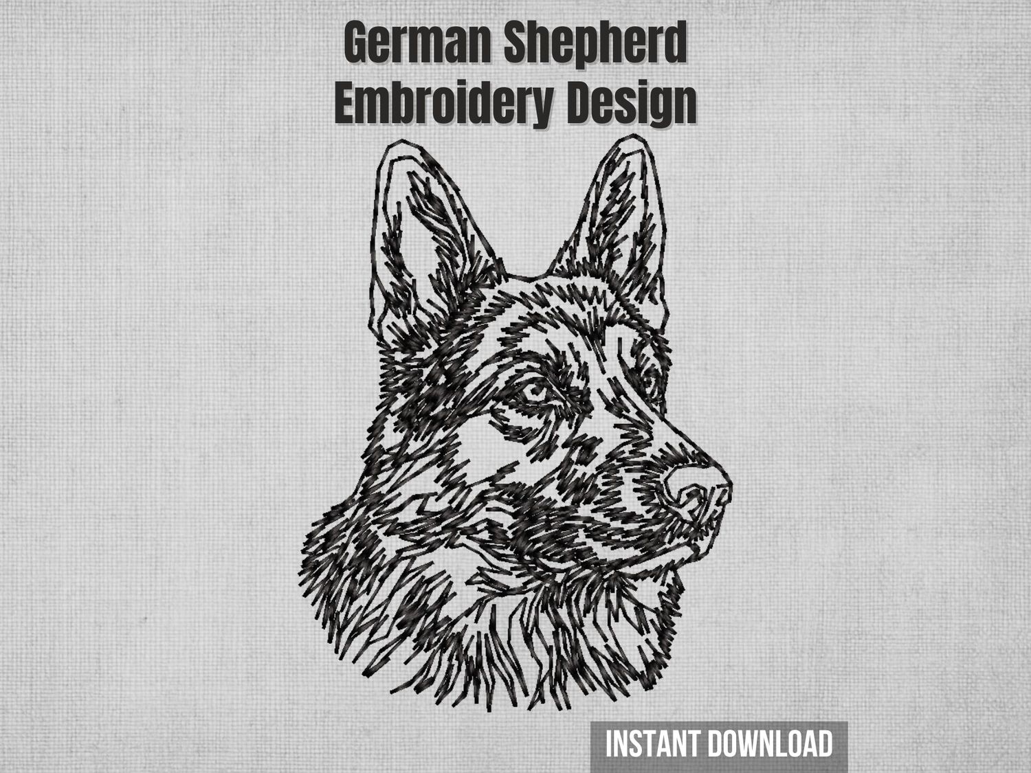 Single-color blackwork German Shepherd head machine embroidery design with sketch-style stitching, instant download file.