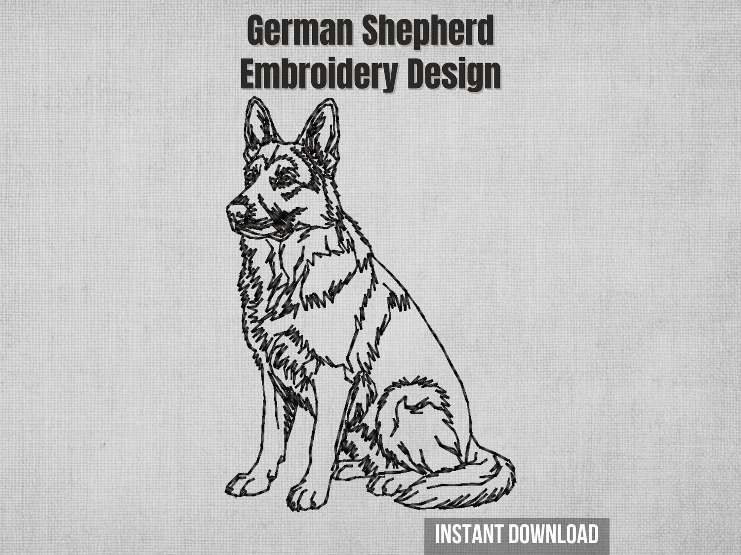 Single-color blackwork sitting German Shepherd machine embroidery design with sketch-style stitching, instant download file.