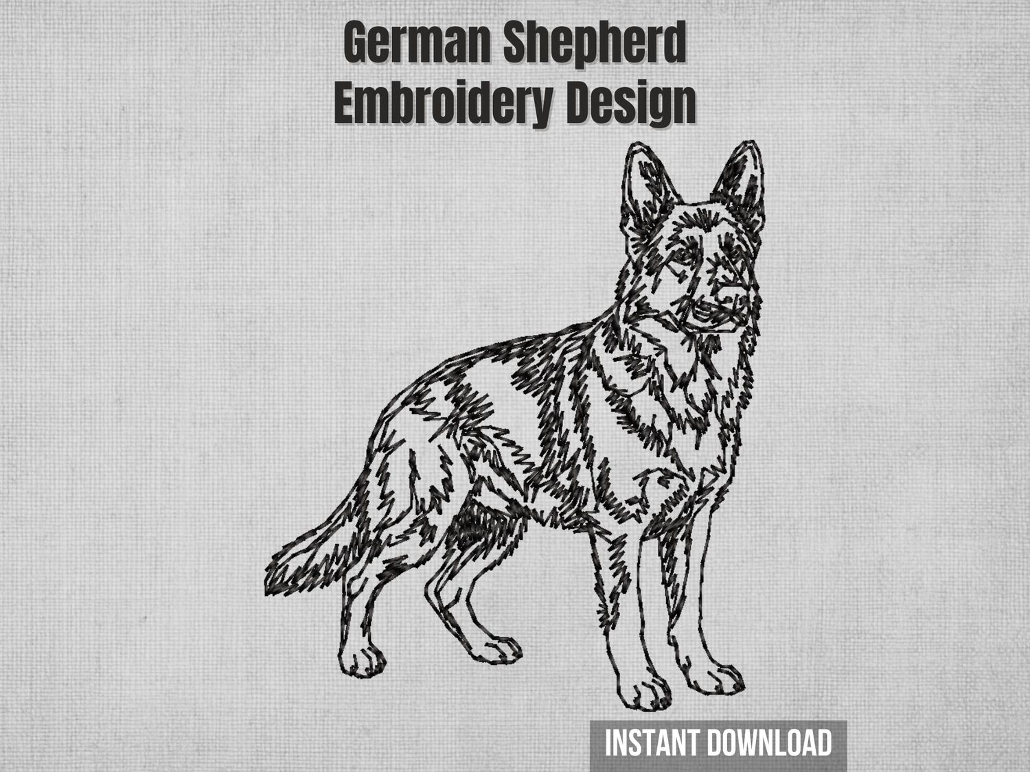 Single-color blackwork standing German Shepherd machine embroidery design with sketch-style stitching, instant download file.