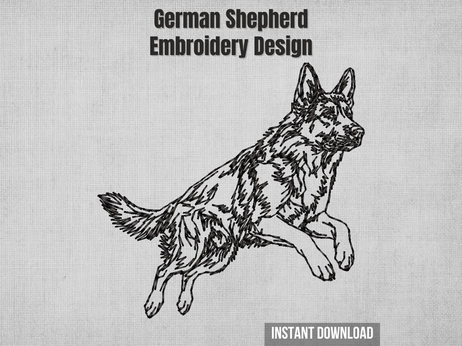 Single-color blackwork jumping German Shepherd machine embroidery design with sketch-style stitching, instant download file.